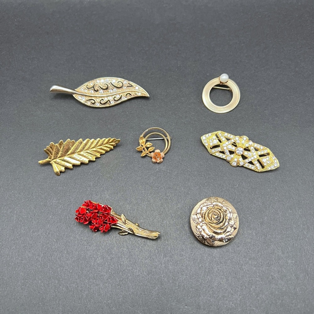 Vintage Brooch Lot of 6 Gold Tone Floral Leaf Rhinestone Roses Krementz Avon